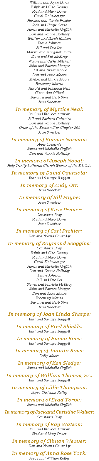 Text Box: William and Joyce DavisRalph and Cleo DenneyFred and Mary DoverCarol EichelbergerHarmon and Vernie FrazierJack and Virgie GoreeJames and Michelle GriffithDon and Vonnie HollidayWilliam and Sarah HudsonDiane JohnsonBill and Dee LeeMarvin and Margaret LintonSteve and Pat McElroyWayne and Cathy MitchellJohn and Patrice MongerBill and Tweet MooreDon and Anne MooreEdelyn and Carrie MooreRosemary MorrisHarold and Ruhanna NealGlenn Ann O'NealBarbara and Herb SimsJean SweetserIn memory of Myrtice Neal:Paul and Frances AmmonsBill and Barbara CabanissDon and Vonnie HollidayOrder of the Eastern Star Chapter 268Jean SweetserIn memory of Simmie Norman:Anne ClementsJames and Michelle GriffithDon and Vonnie HollidayIn memory of Joseph Noval:Holy Trinity Lutheran Church Women of the E.L.C.A.In memory of David Ogunsola:Burt and Sammye BaggottIn memory of Andy Ott:Jean SweetserIn memory of Bill Payne:Jean SweetserIn memory of Russ Penner:Constance BrayFred and Mary DoverJean SweetserIn memory of Carl Pschier:Don and Norma CanerdayIn memory of Raymond Scoggins:Constance BrayRalph and Cleo DenneyFred and Mary DoverCarol EichelbergerJames and Michelle GriffithDon and Vonnie HollidayDiane JohnsonBill and Dee LeeSteven and Patricia McElroyJohn and Patrice MongerDon and Anne MooreRosemary MorrisBarbara and Herb SimsJean SweetserIn memory of Joan Linda Sharpe:Burt and Sammye BaggottIn memory of Fred Shields:Burt and Sammye BaggottIn memory of Emma Sims:Burt and Sammye BaggottIn memory of Juanita Sims:Dolly MooreIn memory of Ken Sledge:James and Michelle GriffithIn memory of William Thomas, Sr.:Burt and Sammye BaggottIn memory of Lillie Thompson:Joyce Christian KelleyIn memory of Brad Torpy:James and Michelle GriffithIn memory of Jack and Christine Walker:Constance BrayIn memory of Ray Watson:Paul and Frances AmmonsFred and Mary DoverIn memory of Clinton Weaver:Don and Norma CanerdayIn memory of Anna Rose York:Joyce and William Kelley