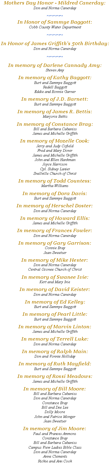 Text Box: Mothers Day Honor - Mildred Canerday:Don and Norma Canerday~~~~~In Honor of Sammye Baggott:Cobb County Water Department~~~~~In Honor of James Griffiths 50th Birthday:Don and Norma Canerday~~~~~In memory of Darlene Cannady Amy:Steven AmyIn memory of Kathy Baggott:Burt and Sammye BaggottRedell BaggottEddie and Bonnie GarnerIn memory of J.D. Barnett:Burt and Sammye BaggottIn memory of James R. Bettis:Marjorie BettisIn memory of Constance Bray:Bill and Barbara CabanissJames and Michelle GriffithIn memory of Mozelle Cook:Jerry and Judy CofieldFred and Mary DoverJames and Michelle GriffithJohn and Ellen HankmanJoyce HarrisonCpl. Sidney LanierSnellville Church of ChristIn memory of Todd Countess:Martha WilliamsIn memory of Dora Davis:Burt and Sammye BaggottIn memory of Herschel Doster:Don and Norma CanerdayIn memory of Howard Ellis:James and Michelle GriffithIn memory of Frances Fowler:Don and Norma CanerdayIn memory of Gary Garrison:Connie BrayJean SweetserIn memory of Mike Hester:Don and Norma CanerdayCentral Oconee Church of ChristIn memory of Swanee Ivie:Kert and Mary IvieIn memory of David Keister:Don and Norma CanerdayIn memory of Ed Kelley:Burt and Sammye BaggottIn memory of Pearl Little:Burt and Sammye BaggottIn memory of Marvin Linton:James and Michelle GriffithIn memory of Terrell Luke:Don and Norma CanerdayIn memory of Ralph Main:Don and Vonnie HollidayIn memory of Ruth Mayfield:Burt and Sammye BaggottIn memory of Rossi Meadows:James and Michelle GriffithIn memory of Bill Moore:Bill and Barbara CabanissDon and Norma CanerdayConstance BrayBill and Dee LeeDolly MooreJohn and Patrice MongerJean SweetserIn memory of Jim Moore:Paul and Frances AmmonsConstance BrayBill and Barbara CabanissCampus View Ladies Bible ClassDon and Norma CanerdayAnne ClementsRickie and Ann Cook